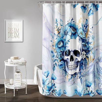 AILONEN Sugar Skull Blue Shower Curtain, Watercolor Floral Skull Octopus Printed Bath Curtain,Bathroom Waterproof Shower Curtain for Boys Girls 60" W x 72" H,with 12 Plastic Hooks