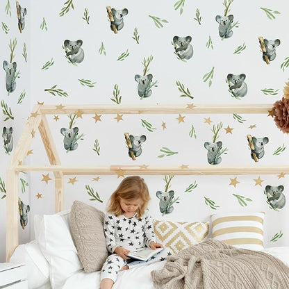 5 Sheets Cartoon Animal Wall Decal Removable DIY Koala Wall Decal Peel and Stick Branch and Leaves Wall Stickers Wall Art for Baby Nursery Bedroom Living Room Playroom Decor