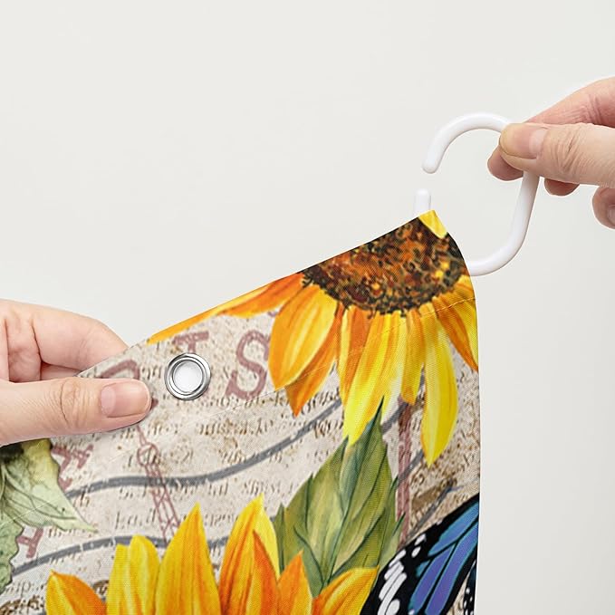 AILONEN Girls Sunflower Shower Curtain,Butterfly Sunflower Bath Curtain for Kids Women,Vintage Yellow Flower Decor Bathroom Curtain with 12 Plastic Hooks, 36" W x 72" H