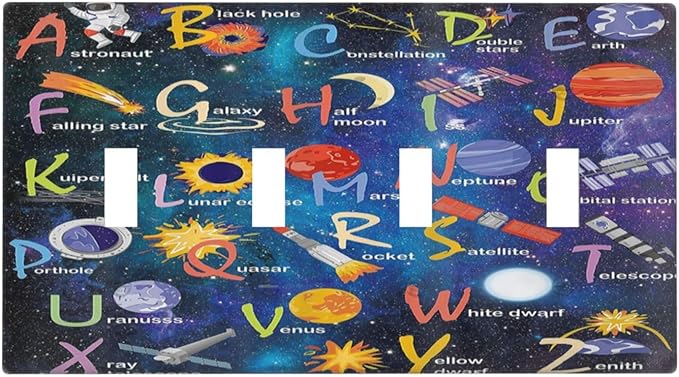 ABC Outer Space Quad Toggle Light Switch Cover Decorative Alphabet Galaxy Boys Educational 4 Gang Wall Plate Electrical Faceplate Switchplate for Kidroom Nursery Boyroom Living Room Decor