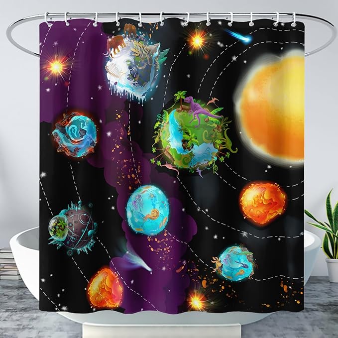 AILONEN Galaxy Shower Curtains for Boys,Solar System Bath Curtains,Outer Space Curtains for Bathroom Decor, 72" W*96" H Polyester Waterproof with 12 Hooks