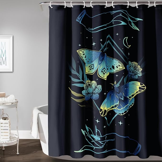 AILONEN Blue Moth Shower Curtain,Flora Death Moth Bath Curtain for Bathroom Decor,Polyester Waterproof with 12 Plastic Hooks 60" W*72" H