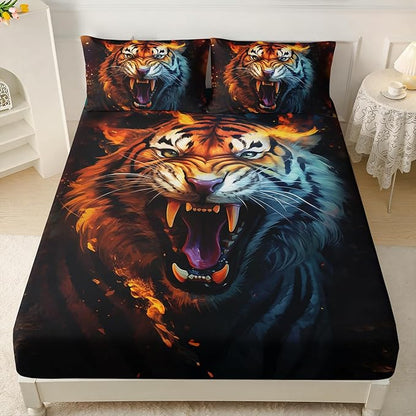 AILONEN Tiger Fitted Sheet Set Queen Size for Boys, Safari Tiger Bed Sheet Set for Kids Teen,3 Pieces Wildlife Bedding Flame Animal Tiger Print Fitted Sheet with 2 Pillowcases