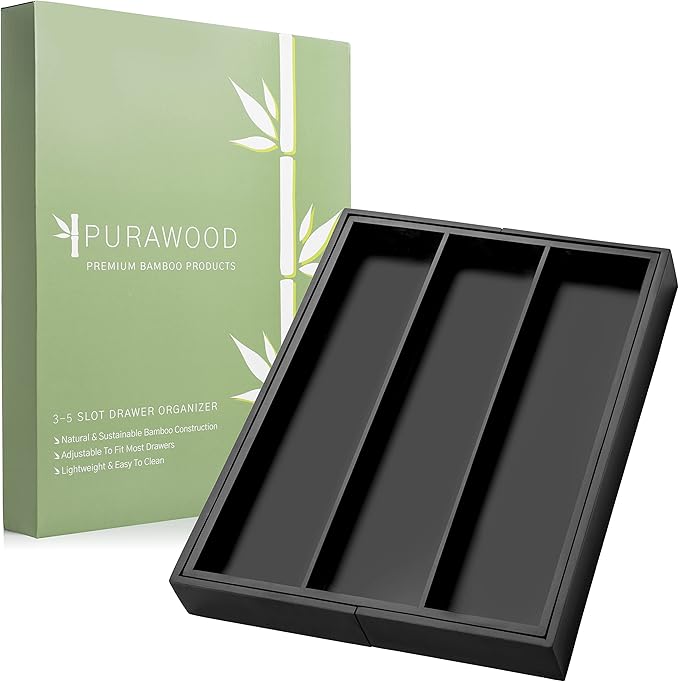 Purawood - Large Premium Bamboo Silverware Organizer - Expandable Kitchen Drawer & Utensil Organizer, 17.5" x 19.75" Cutlery Tray with Drawer Dividers for Kitchen Flatware (3-5 Slots) (Black)