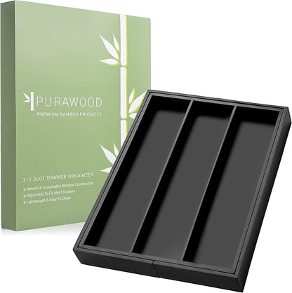 Purawood - Large Premium Bamboo Silverware Organizer - Expandable Kitchen Drawer & Utensil Organizer, 17.5" x 19.75" Cutlery Tray with Drawer Dividers for Kitchen Flatware (3-5 Slots) (Black)