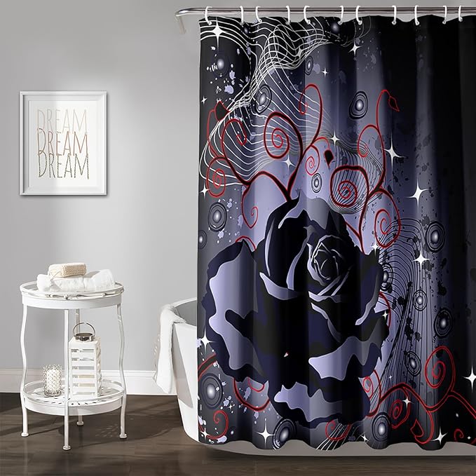 AILONEN Black Rose Shower Curtain for Women,Music Rose Bath Curtain for Bathroom Decor,Red and Black Art Polyester Waterproof for Girls with 12 Plastic Hooks,72" W*78" H Black