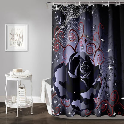 AILONEN Black Rose Shower Curtain for Women,Music Rose Bath Curtain for Bathroom Decor,Red and Black Art Polyester Waterproof for Girls with 12 Plastic Hooks,72" W*96" H Black