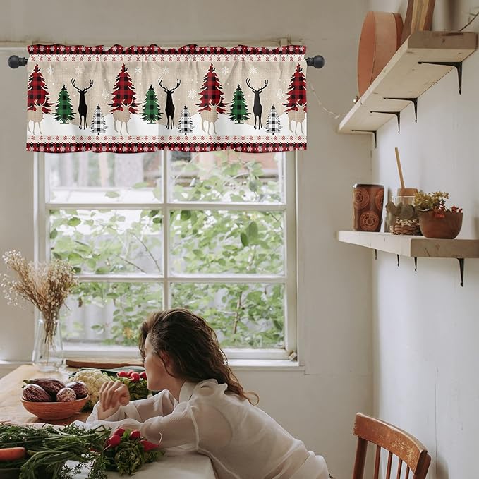 Farmhouse Christmas Kitchen Curtains Valances for Windows Rustic Plaid Christmas Tree Snowflakes Rod Pocket Short Curtain for Kitchen /Living Room/Bedroom/ Bathroom,42" X 12" -1 Panel, Red Green Black