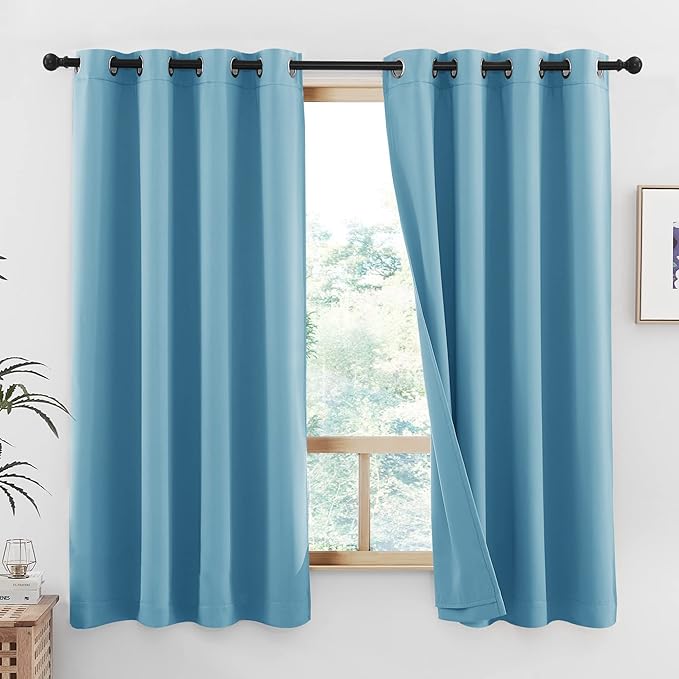 NICETOWN 100% Blackout Curtains with Same Color Liners, Thermal Insulated Full Blackout 2-Layer Lined Drapes, Energy Efficiency Window Draperies for Boy's Room (Teal Blue, 2 PCs, 52-inch by 54-inch)