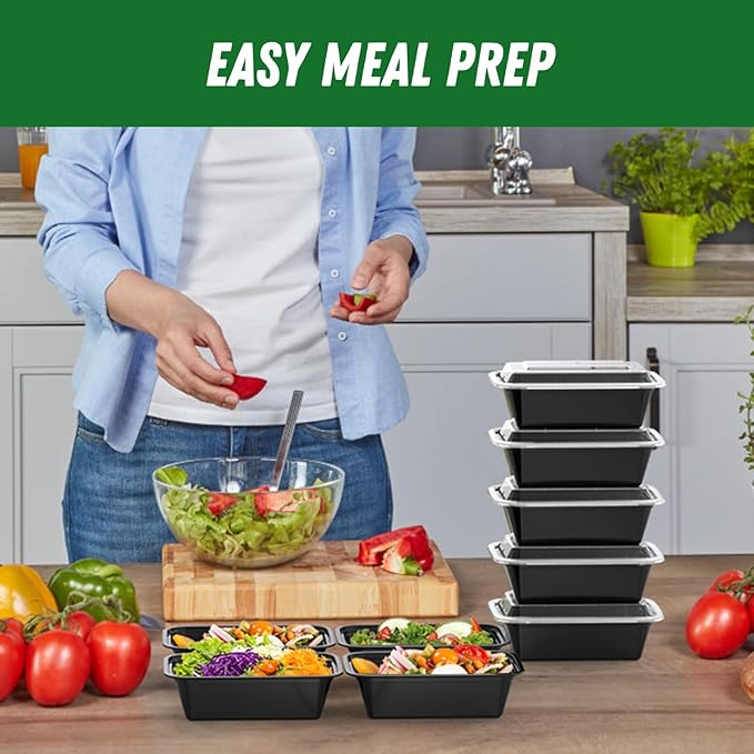 50 Pack (100-Piece) 24 oz Meal Prep Containers Reusable with Lids, Sturdy Leakproof & Food Safe, Microwave, Freezer, Dishwasher Safe Food Prep Containers, To Go Take Out Plastic Food Storage
