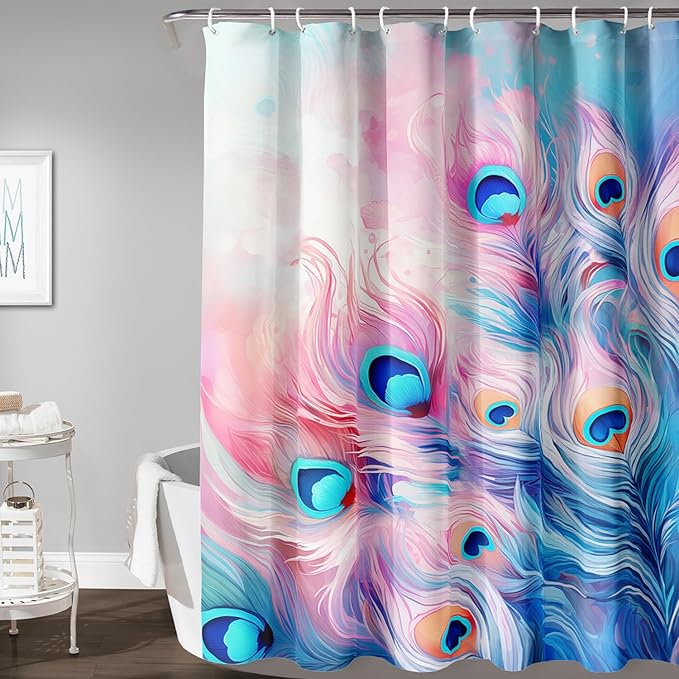 AILONEN Peacock Shower Curtain for Bathroom, Pink and Blue Peacock Feather Print Shower Curtain,Fashion Tie Dye Bath Curtain for Girls Women Waterproof 72" W*84" H