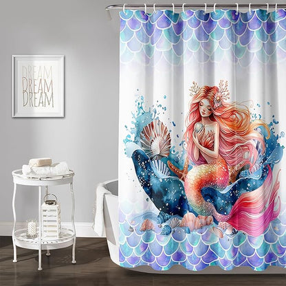 AILONEN Mermaid Shower Curtain,Watercolor Whale and Mermaid Bath Curtain,Beautiful Mermaid Princess Shower Curtain Ocean Fish Scale Print Curtain Waterproof with 12 Plastic Hooks, 72" W*96" H