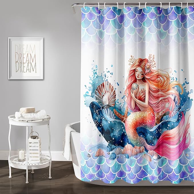 AILONEN Mermaid Shower Curtain,Watercolor Whale and Mermaid Bath Curtain,Beautiful Mermaid Princess Shower Curtain Ocean Fish Scale Print Curtain Waterproof with 12 Plastic Hooks, 48" W*72" H