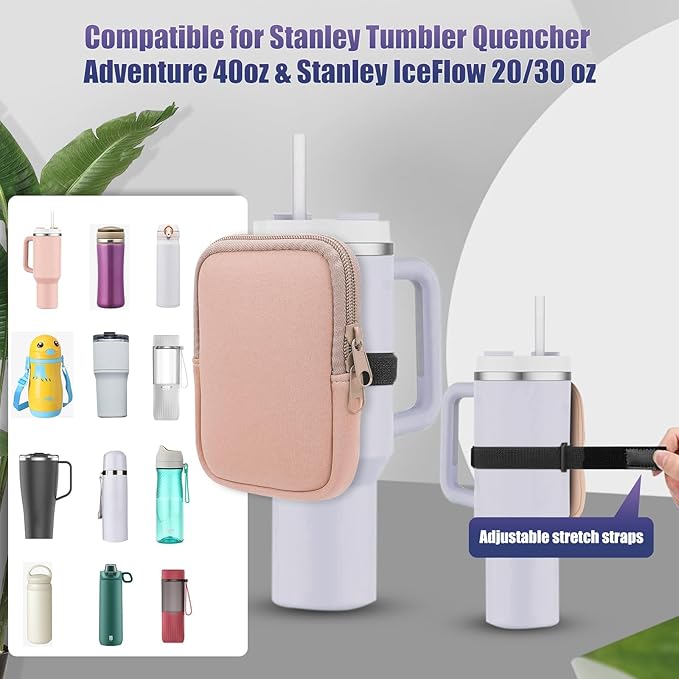 Water Bottle Pouch for Stanley Quencher Adventure 40oz & Stanley IceFlow 20oz 30oz, Gym Water Bottle Pouch for Stanley Cup 40oz,Workout Outdoor Tumbler Pocket for Phone, Card, Keys (Pink)
