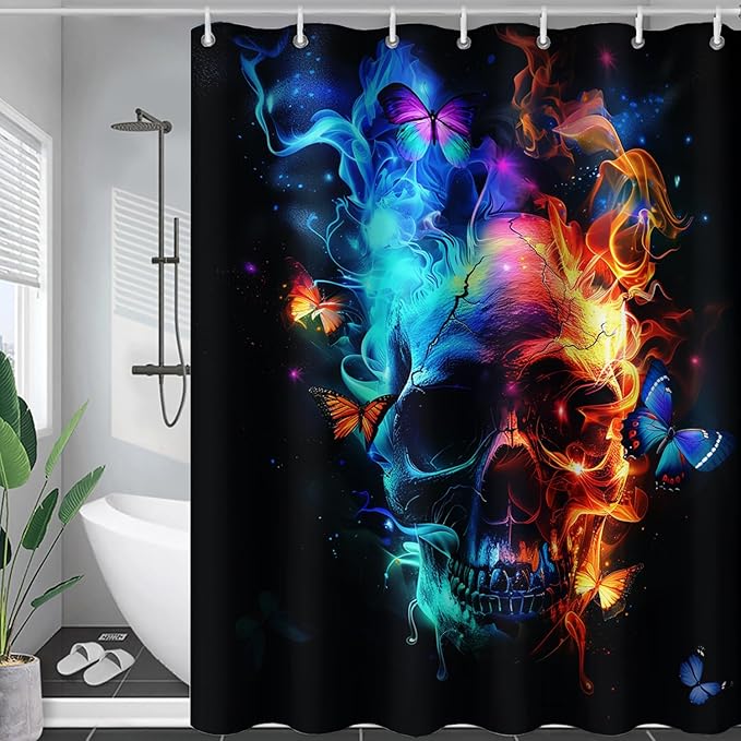 AILONEN Sugar Skull Shower Curtain for Bathroom,Blue and Red Smoky Skull Bath Curtain Decoration,Starry Butterfly Skull Skeleton Print Waterproof Shower Curtain with 12 Plastic Hooks, 48" W*72" H