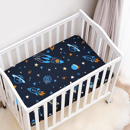 3 Pack Mini Crib Sheets, Premium Pack N Play Sheets for Boys Girls Neutral, Soft Breathable Baby Sheets Fit Pack N Play, Playard and Mini Crib Mattresses, Space