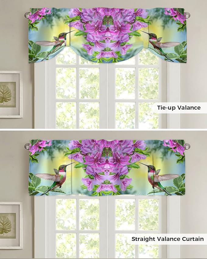 Pink Flowers Blackout Tie Up Valance Curtains for Kitchen Windows Hummingbird Window Toppers Balloon Shades for Living Room/Bathroom/Bedroom,1 Panel,42" X 18"