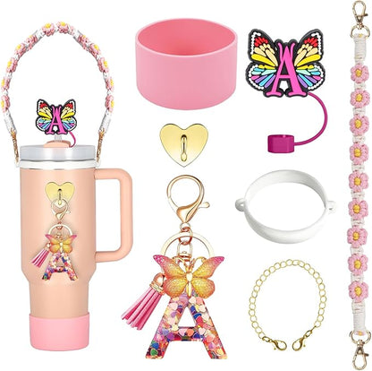 Stanley Cup Accessories Include Silicone Stanley Straw Cover, Butterfly Letter KeyChain Charms, Water Bottle Handle Strap, Boot and Chain for Stanley Cup 30oz 40oz Tumbler