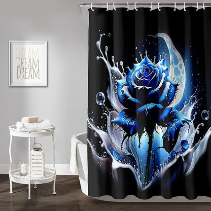 AILONEN 3D Rose Shower Curtain for Bathroom, Evening Moon Blue Rose Bath Curtain for Girls Women, Modern Floral Print Minimalism Shower Curtain Waterproof with 12 Plastic Hooks 48" W*72" H