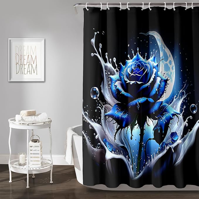 AILONEN 3D Rose Shower Curtain for Bathroom, Evening Moon Blue Rose Bath Curtain for Girls Women, Modern Floral Print Minimalism Shower Curtain Waterproof with 12 Plastic Hooks 72" W*72" H