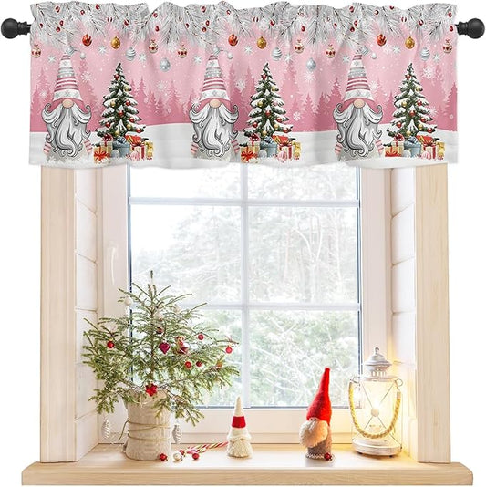 Christmas Gnome Valance Curtains for Kitchen Windows Winter Merry Christmas Tree Balls Rod Pocket Window Treatment Toppers for Kitchen/Living Room/Bedroom/Bathroom, 42" X 12", Pink