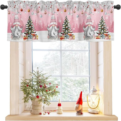 Christmas Gnome Valance Curtains for Kitchen Windows Winter Merry Christmas Tree Balls Rod Pocket Window Treatment Toppers for Kitchen/Living Room/Bedroom/Bathroom, 60" X 18", Pink