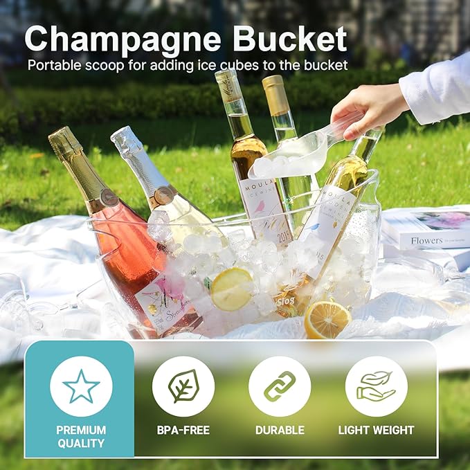 3Pcs Ice Buckets for Parties, 5.5L Ice Bucket with Scoop, Acrylic Champagne Bucket,Plastic Tub for Cocktail Bar, Clear Ice Bucket Beverage Tub for Champagne, Wine, Beer Bottles