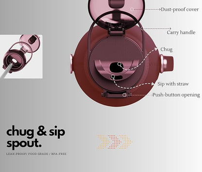 H2O Capsule Half Gallon Insulated Water Bottle With Straw - Stainless Steel Thermos Water Bottle With Sipping/Chugging Lid & Shoulder Strap For Storage - 64 oz Vacuum Flask, Keeps Hot Cold (Plum)