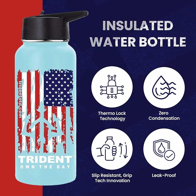 American Flag Water Bottle, 32 oz Insulated Water Bottle, Reusable Water Bottle with Straw, Leak Proof Water Bottles, Thermos Water Bottle - Combat Veteran Small Business (Light Blue, 32 Oz)