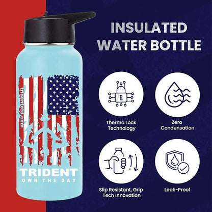 American Flag Water Bottle, 32 oz Insulated Water Bottle, Reusable Water Bottle with Straw, Leak Proof Water Bottles, Thermos Water Bottle - Combat Veteran Small Business (Light Blue, 32 Oz)