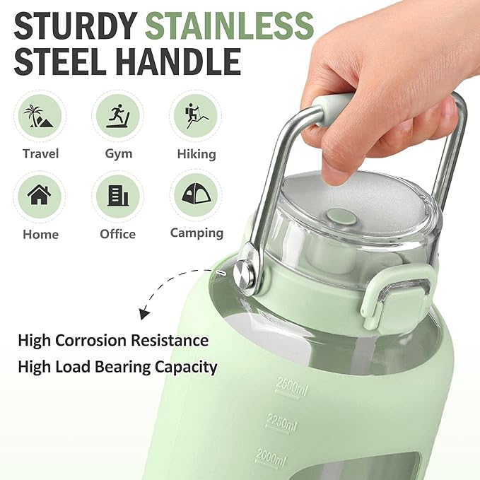 84oz Glass Water Bottle with Stainless Steel Handle,2.5L Gallon Water Bottle With 2-IN-1 Straw Lid, Silicone Sleeve and Motivational Capacity Marker, Wide Mouth Water Jug For Gym, Workout, Green