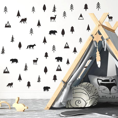 Woodland Animal Wall Stickers Small Pine Tree Wall Decals Vinyl Black Wall Decals Mountain Tree Animals Wall Stickers Jungle Deer Bear Fox Forest Wall Decals Woodland Nursery Kids Room Decor