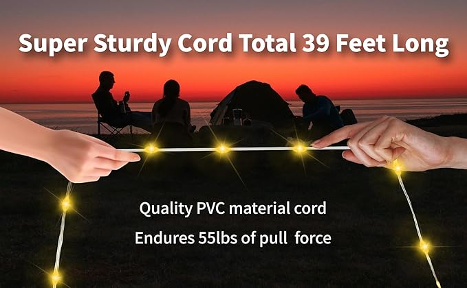 Solar Camping String Lights, 2 in 1 Solar Battery String Light Lantern Waterproof 39.4ft 8 Modes, Solar String Lights for Camping 3600mAh Rechargeable String Lights