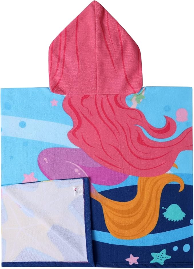 2Pcs Unicorn and Mermaid Kids Bath Pool Beach Hooded Poncho Super Soft & Absorbent Towel with Drawstring Bag, 24 x 24 Inches