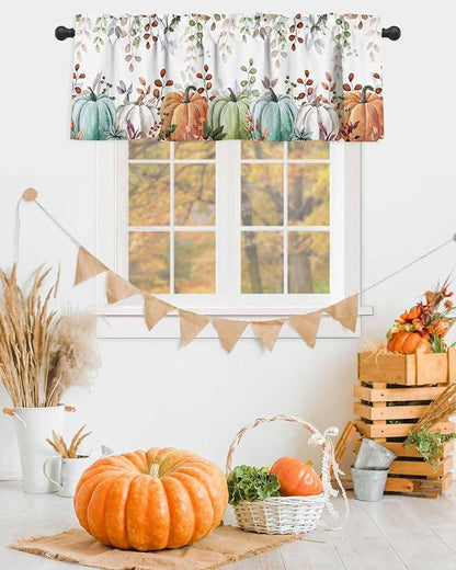 Fall Thanksgiving Kitchen Curtains Valances for Windows Autumn Pumpkins Eucalyptus Leaves Rod Pocket Window Treatment for Kitchen /Living Room/Bedroom/ Bathroom, 54" X 18", Blue Sage Green Orange