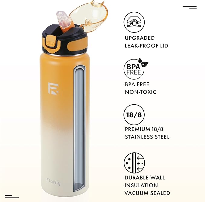 32 oz Insulated Water Bottle with Straw, Stainless Steel Metal Thermos Bottles, Durable Non-Slip Gradient Bottle with Strap for Sports and Travel, Leak Proof (Yellow White)
