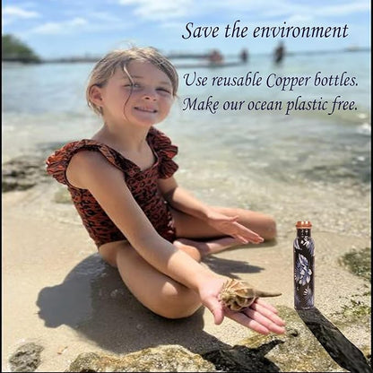 Pure Copper Water Bottle - Handcrafted - Ayurveda health benefits - Large 35 oz - Leak proof - Easy to carry for Sports, Fitness, Yoga, School - Indigo Blue Artistic Petals Motifs Enamel