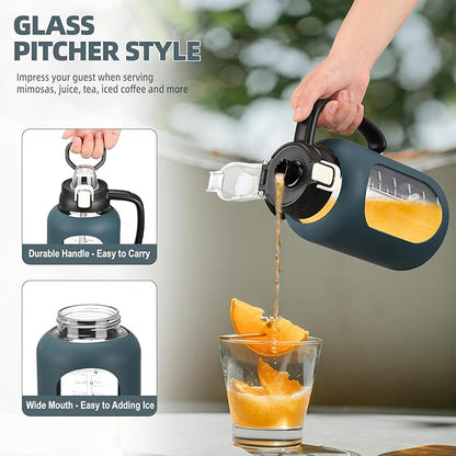 64oz Glass Water Bolttles Half Gallon Large Motivational Water Bottle with Time Marker Sports Water Bottles with Silicone Sleeve and Handle Lid Water Jug for Gym Workout-1 Pack