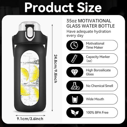 32 oz Glass Water Bottle with Time Marker - 1000ml Large Sports Motivational Water Bottles with Handle & Silicone Case, 1 Liter Leak-proof Measured Drinking Bottle for Gym Fitness Workout (Black)