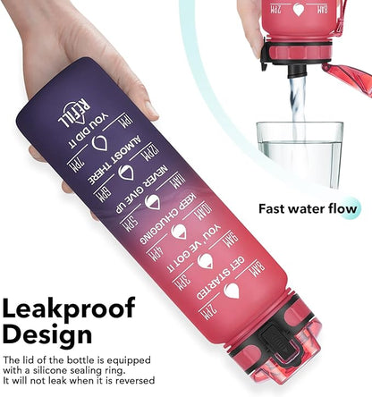 32oz Motivational Water Bottle with Time Marker & Fruit Strainer, Leak-proof BPA Free Non-Toxic Bottle with Carrying Strap, Perfect for Fitness, Gym and Outdoor Sports