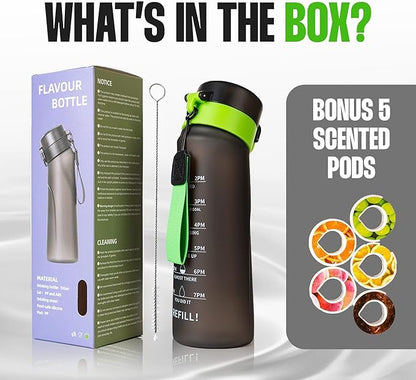 SPARK Air Water Bottle with Flavor Pods,750ML Scented Water Bottle BPA Free, Leak Proof Sports Motivational Water Bottle with Time Marker, Fruit Fragrance Water Bottle with Straw (Black+5 Pods)