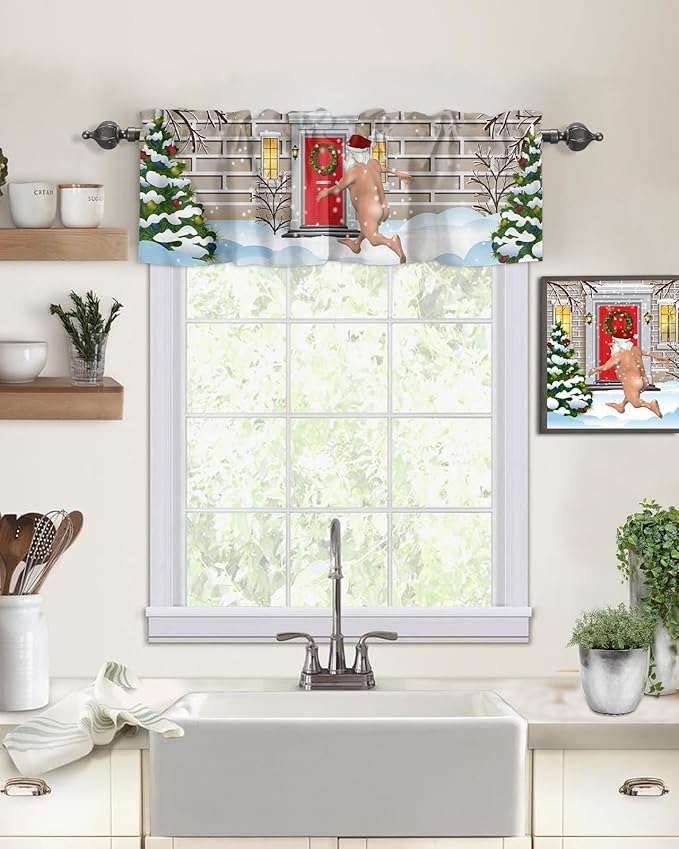 Christmas Farmhouse Kitchen Curtains Valances for Windows Funny Santa Claus Rod Pocket Window Treatment for Kitchen/Living Room/Bedroom/Bathroom,42" X 18" -1 Panel, Holly Xmas Tree