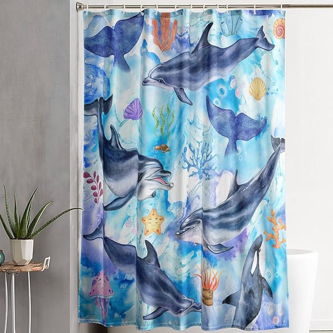 AILONEN Cute Cartoon Whale Shower Curtain,Kawaii Marine Animal Whale Bathroom Curtain for Kids Girls Boys,Blue Tie Dye Bath Curtain Set,Seaweed Fabric Shower Curtains for Bathroom, 60" W*72" H