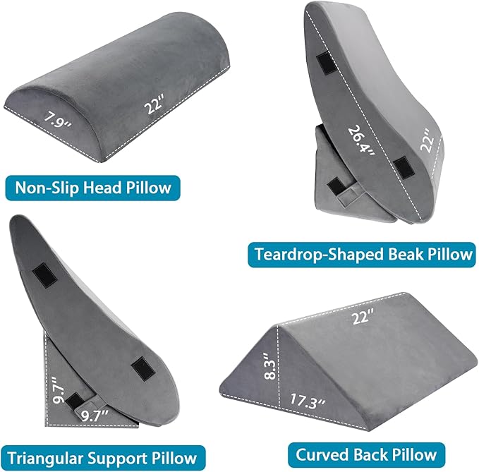 4pcs Wedge Pillow Headboard Set. Comfortable Sleep and Rest Relieves Back and Leg Pain, Aids in Acid and Gastro-Oesophageal Reflux Relief, Reduces Snoring - Grey