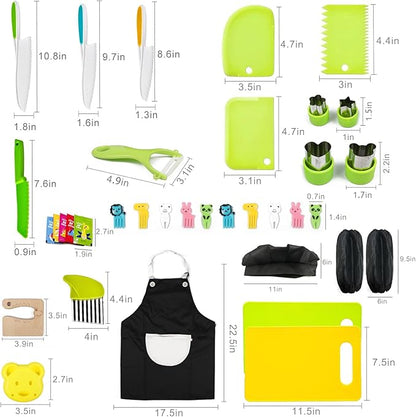 Montessori Kitchen Tools for Toddlers Cooking, Wooden Kids Kitchen Knife Set Include Plastic Toddler Safe Knives, Apron Set, Cutting Board, Sandwich Cutter, Y Peeler, Crinkle Cutter