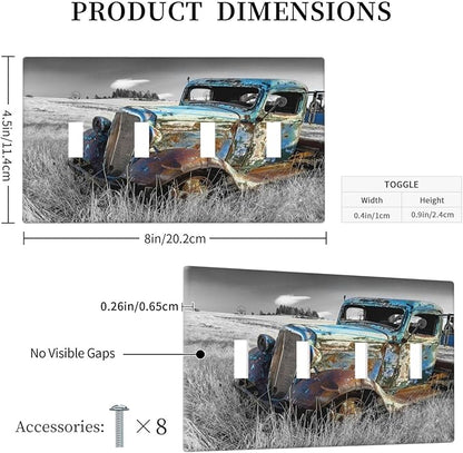 Vintage Country Old Blue Truck Quad Toggle Light Switch Cover Decorative Rustic Automobile 4 Gang Wall Plate Electrical Faceplate Switchplate for Farmhouse Bathroom Bedroom Living Room Decor