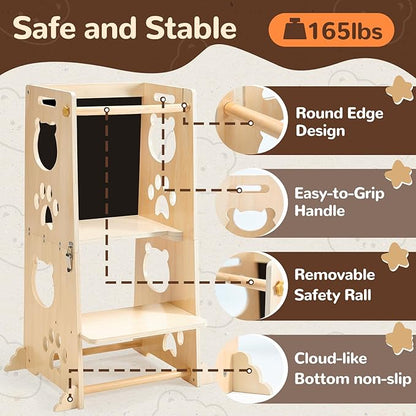 Collapsible Toddler Kitchen Step Stool With Chalkboard, Safety Rail, and Standing Tower for Kids 1-3