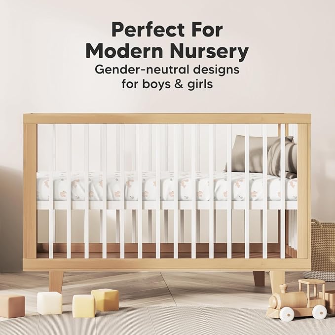 2-Pack Mini Crib Sheets Fitted, Pack and Play Sheets - Organic Cotton Pack N Play Sheets for Pack and Play Mattress, Playard Baby Crib Sheets, Jersey Crib Sheets Neutral for Boys,Girls (Nibbles/Bruce)