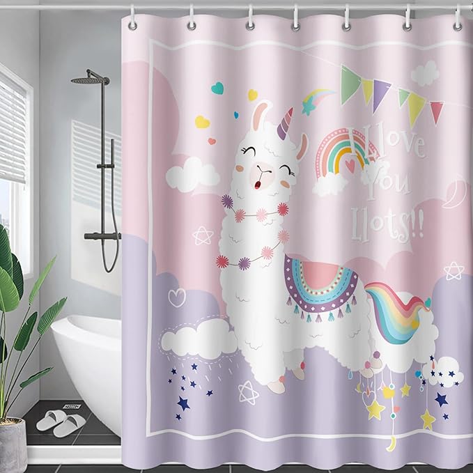 AILONEN Cute Llama Kids Shower Curtain for Girls,Happy Llama in Sky Clouds Print Bath Curtain 60" W*72" H,Kawaii Kids Bathroom Curtain Polyester Waterproof Girls Bathroom Curtain with 12 Hooks