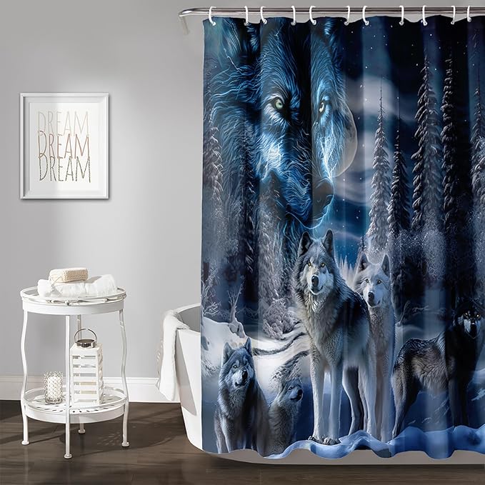 AILONEN Boys Snow Wolf Shower Curtain for Bathroom Decor,3D Night Galaxy Starry Wolf Decor Bath Curtain 72" W*84" H Polyester Fabric Waterproof Bathroom Curtain with 12 Hooks